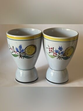 Set of 2 Vintage Crown Arabia Finland Double Egg Cup Initialed 4 1/4”